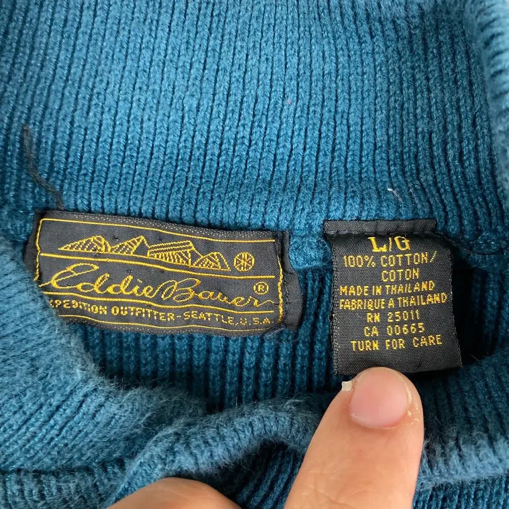 Eddie Bauer Sweater‎ Mens Size L Teal Cotton Rib Knit Henley Button Pullover